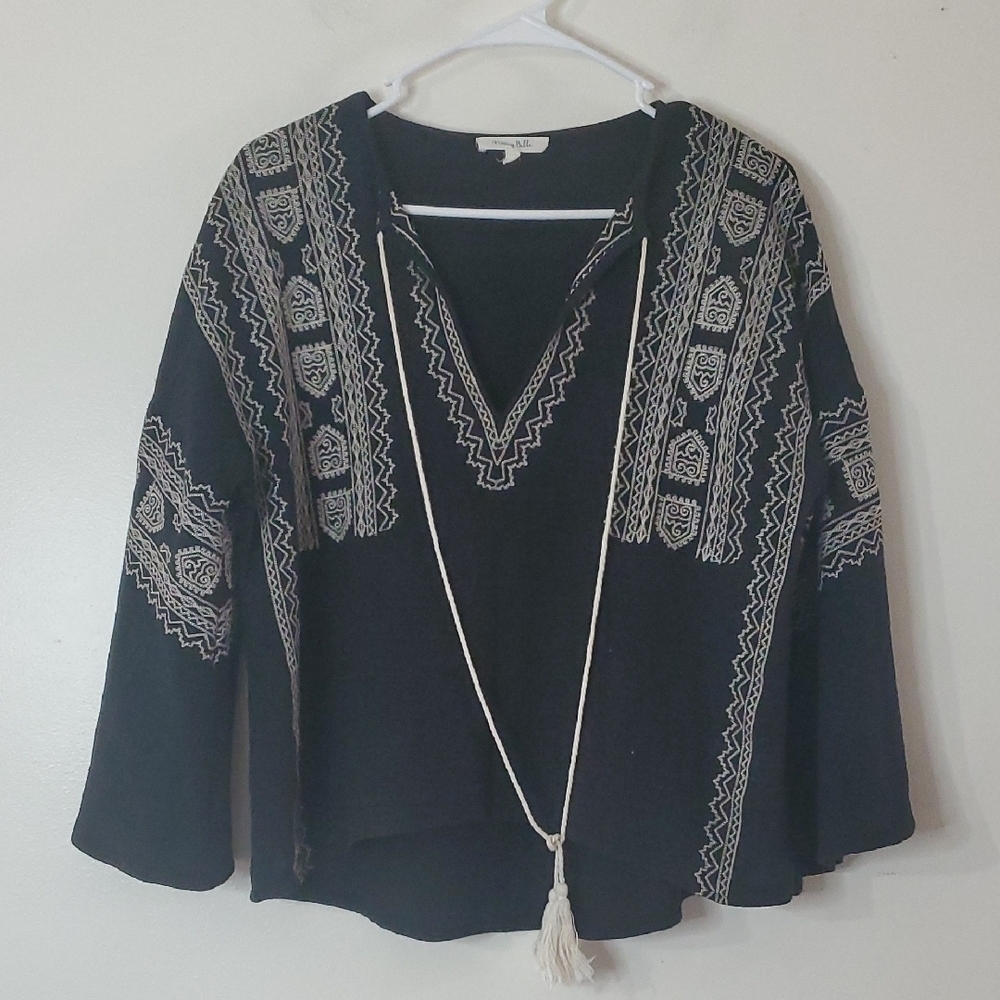 Honey Belle Embroidered Cotton Boxy Blouse Top Size Medium Black White